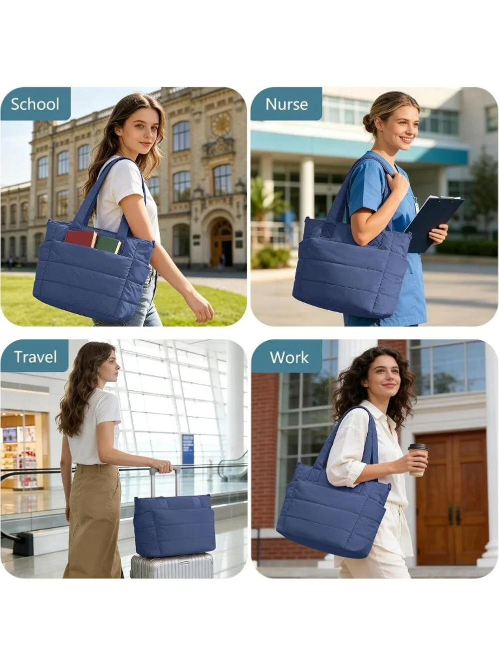 👜Women's Blue Quilted Puffer Tote Bag Lightweight Work For Travel Handbags